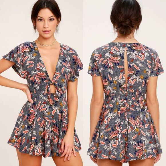 Lulus Dondi Navy Blue Print Romper S, NWT - Picture 1 of 12